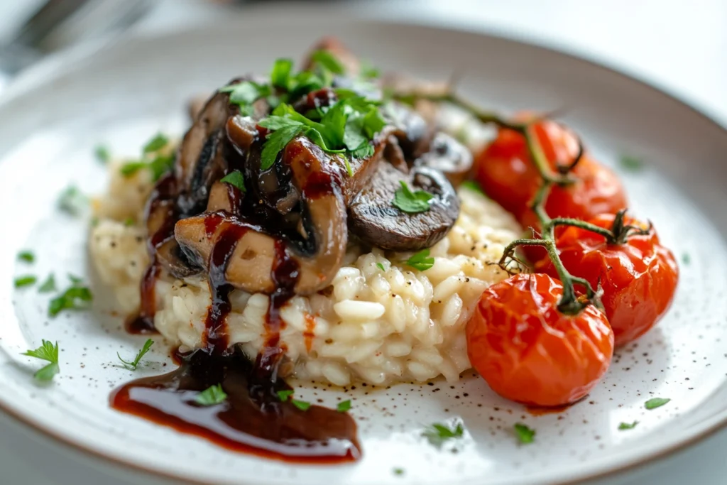 A creamy mushroom risotto topped with sautéed mushrooms, drizzled with red wine sauce, and garnished with fresh parsley, served alongside roasted vine tomatoes on a white ceramic plate.