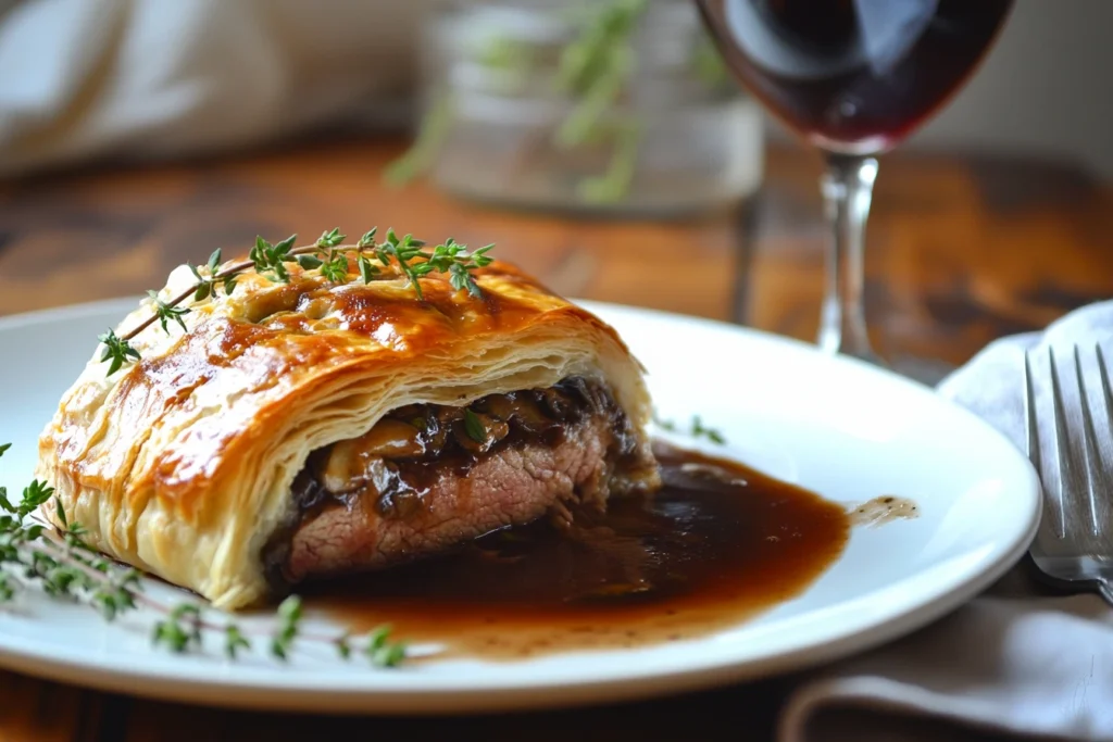 A golden, flaky Beef Wellington sliced open to reveal tender beef fillet and mushroom duxelles, served with a rich red wine sauce and garnished with fresh thyme on a white plate.