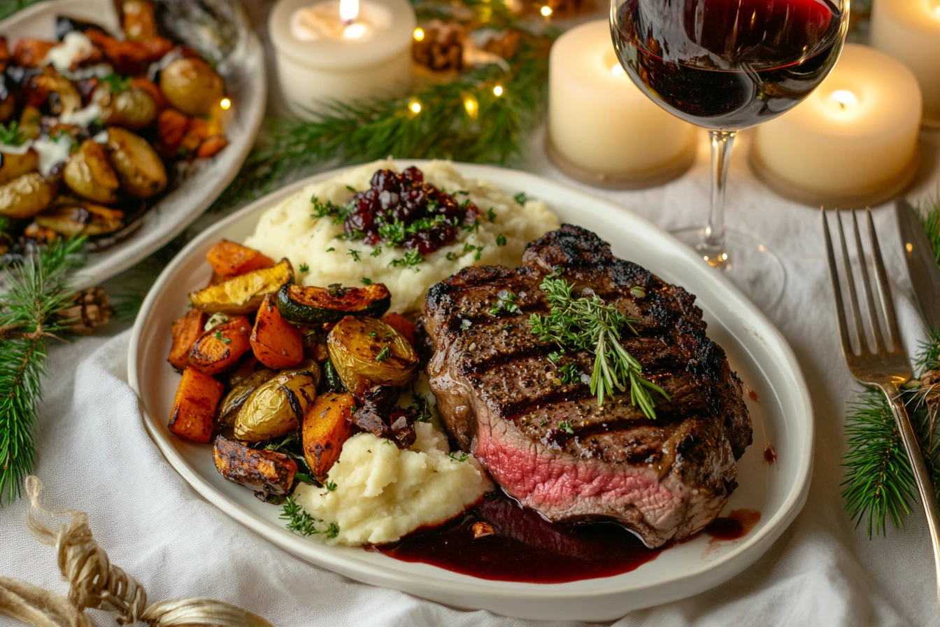 A festive dinner plate featuring a medium-rare grilled steak topped with fresh rosemary, served with creamy mashed potatoes, roasted vegetables, and red wine sauce, set against a cozy candlelit backdrop.