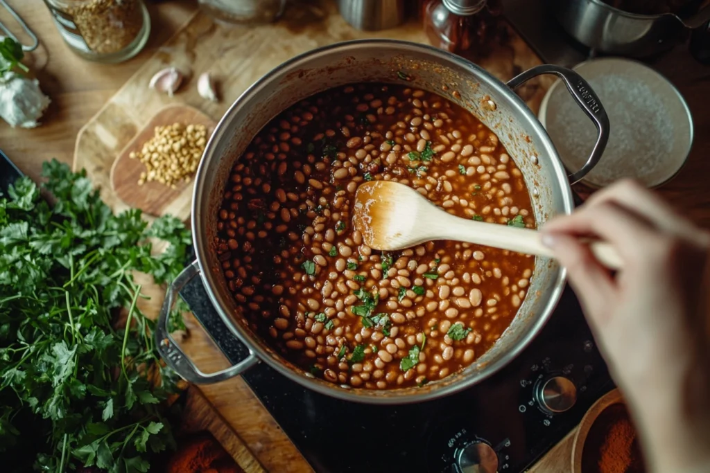 A pot of baked beans simmering on a stovetop, stirred with a wooden spoon, surrounded by fresh herbs and spices on a wooden countertop. Which type of beans are used in baked beans