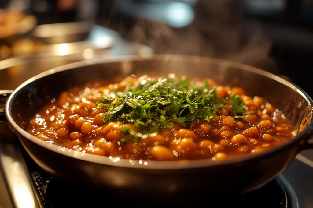 A steaming pan of baked beans garnished with fresh parsley, showcasing their rich, glossy texture and vibrant color. vinegar in baked beans