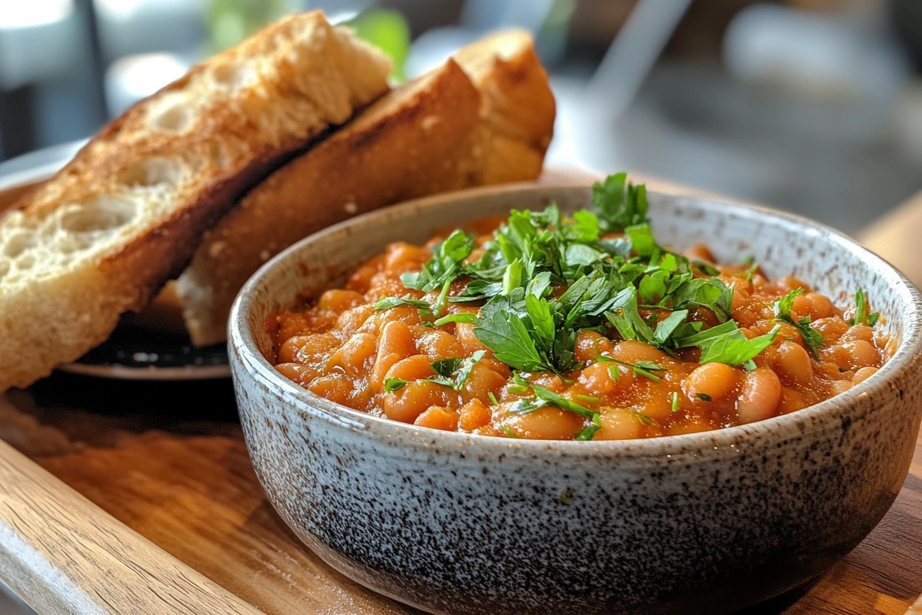 A rustic bowl of baked beans garnished with fresh parsley, served with slices of toasted bread on a wooden tray. vinegar in baked beans