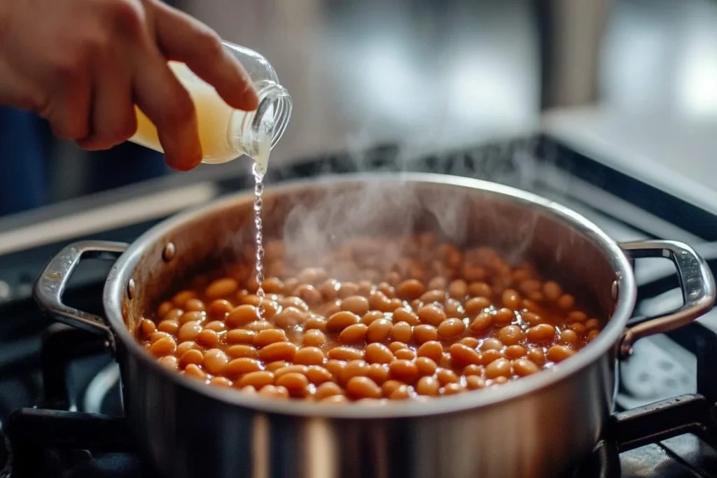 A person pouring vinegar from a glass jar into a steaming pot of baked beans on a stovetop, enhancing their flavor and texture. vinegar in baked beans