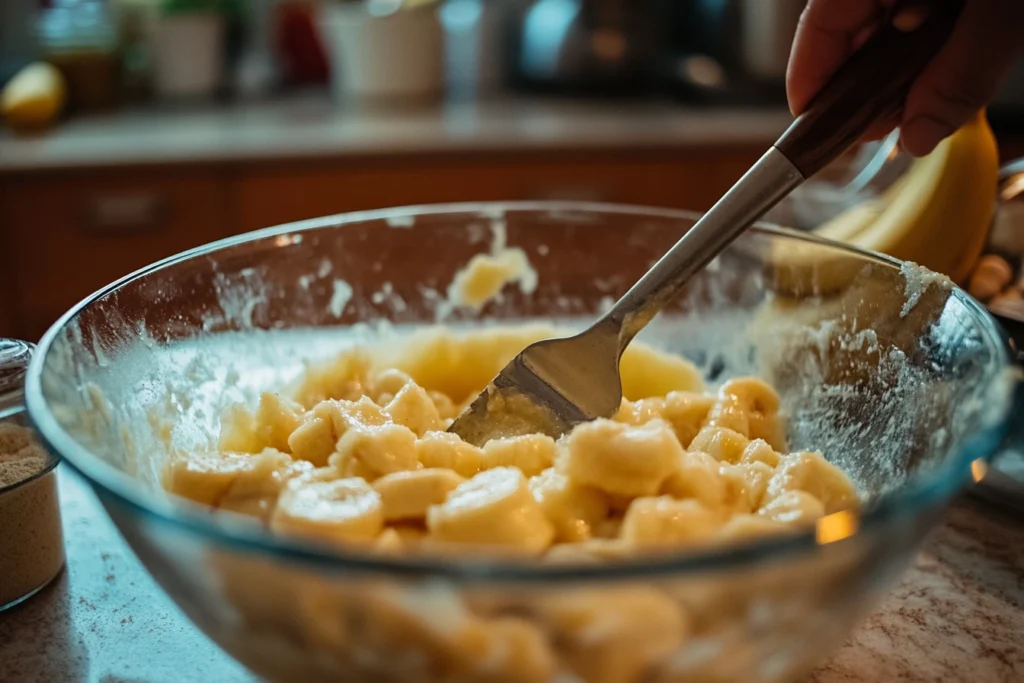 A glass bowl filled with mashed bananas being mixed with a fork, preparing ingredients for banana bread.