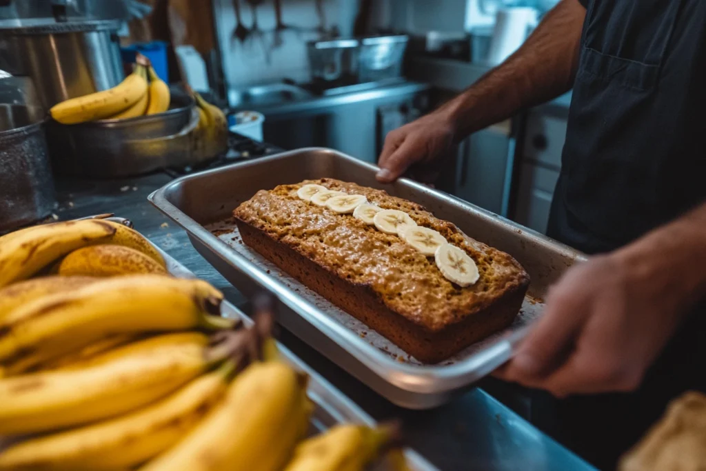 A freshly baked loaf of banana bread with banana slices on top, being held in a baking pan by a person in a kitchen. banana bread so popular in Hawaii