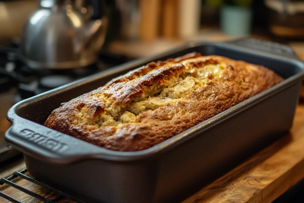 A freshly baked banana bread loaf in a black cast iron baking pan, cooling on a wooden surface in a cozy kitchen setting.