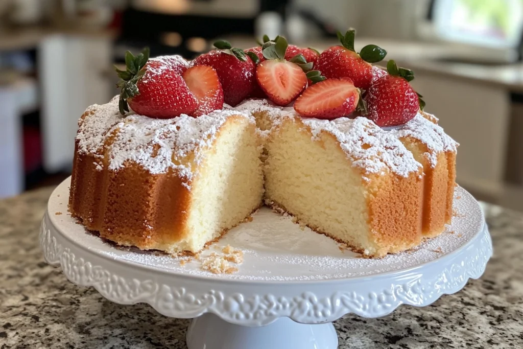 A round angel food cake dusted with powdered sugar, topped with fresh whole and sliced strawberries, presented on a decorative white cake stand. What is angel cake made of