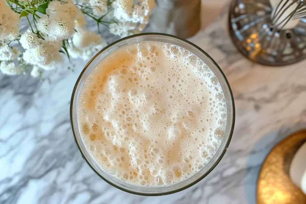 A close-up top view of a frothy, light-colored beverage in a glass, set against a marble background with white flowers and golden accents.