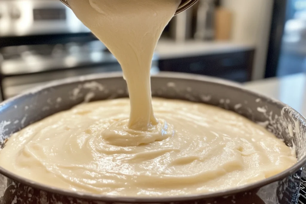 Smooth cake batter being poured into a round baking pan, ready for the oven, with a blurred kitchen background.