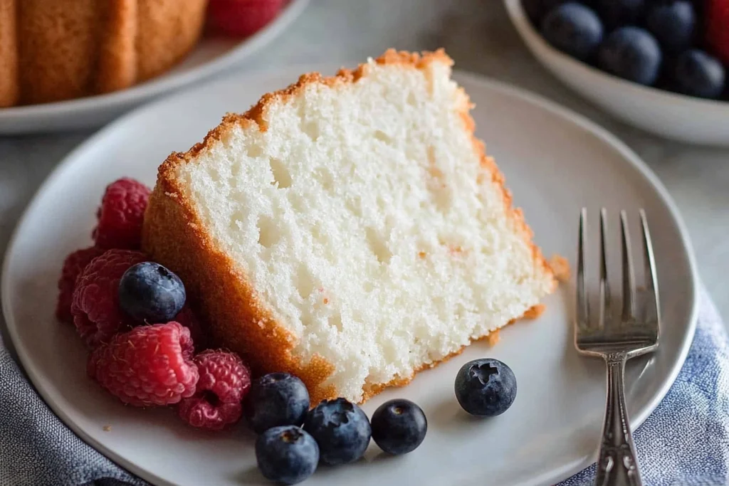 A slice of angel food cake with a golden-brown crust and airy white interior, served on a white plate with fresh raspberries and blueberries, accompanied by a silver fork.