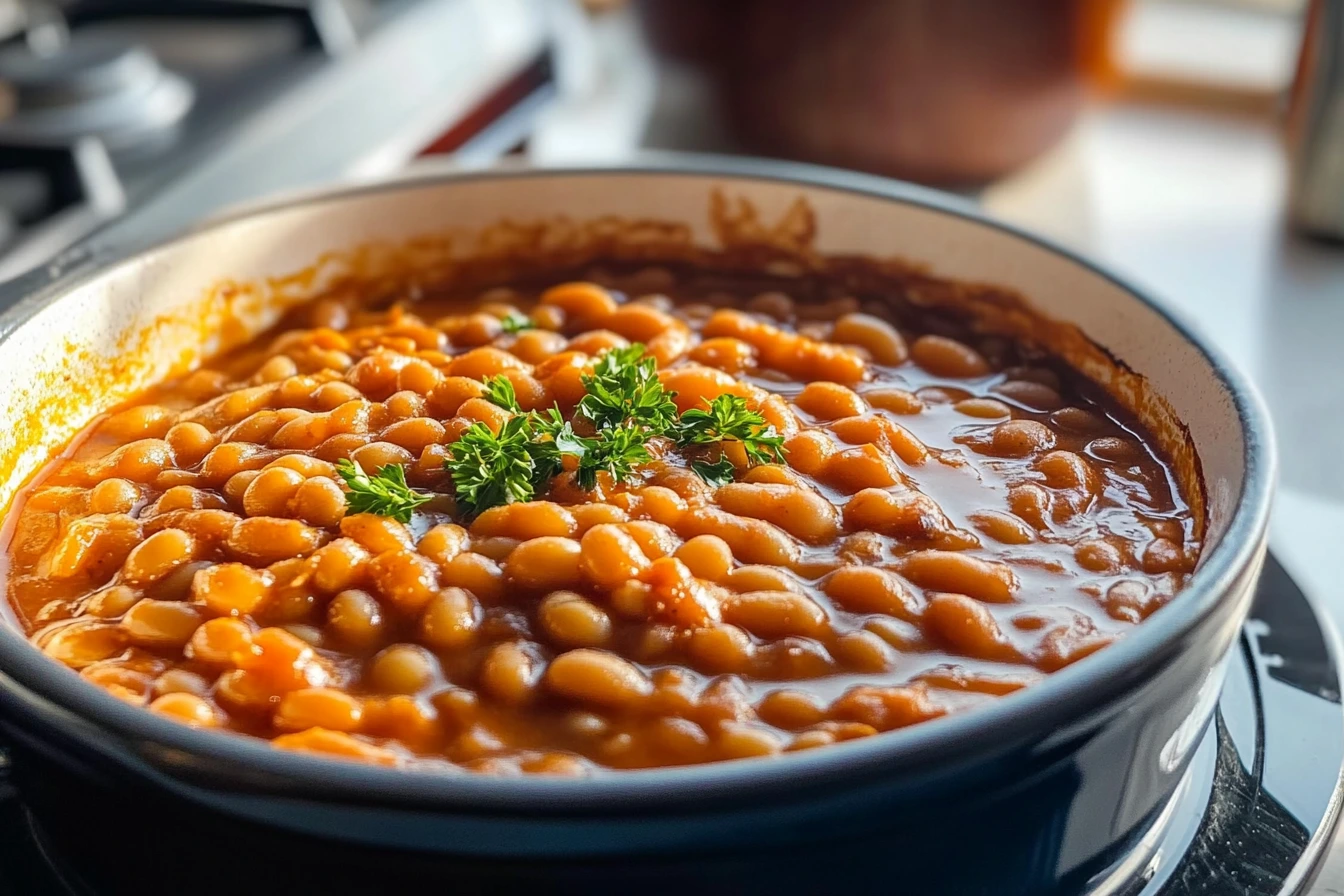 A bowl of homemade baked beans topped with fresh parsley, showcasing a rich, glossy sauce in a cozy kitchen setting.