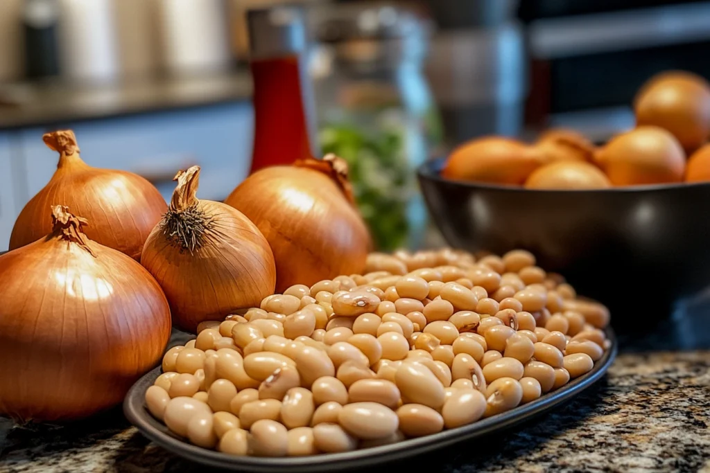 A close-up of key ingredients for baked beans, featuring a plate of navy beans, whole onions, and additional kitchen ingredients in the background.