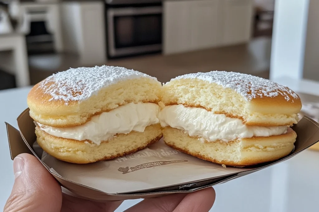 A close-up of a soft, sponge-like Cloud Cake split in half, revealing a rich cream filling and topped with powdered sugar, held in a hand against a kitchen background.