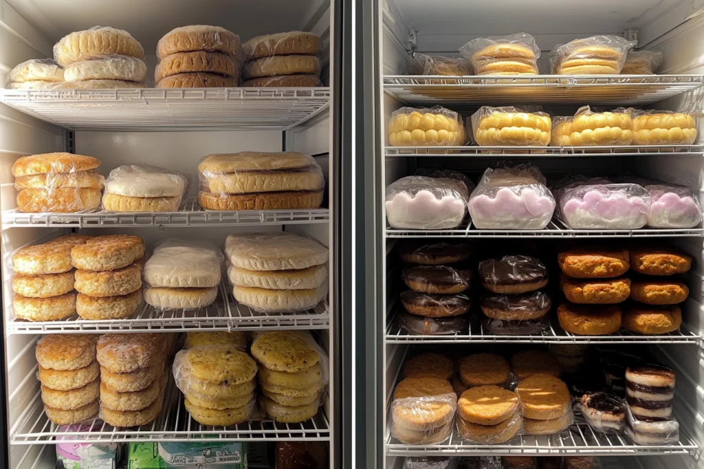 A variety of packaged cloud cakes and baked goods neatly stored on shelves in a refrigerator, including different sizes, shapes, and flavors.