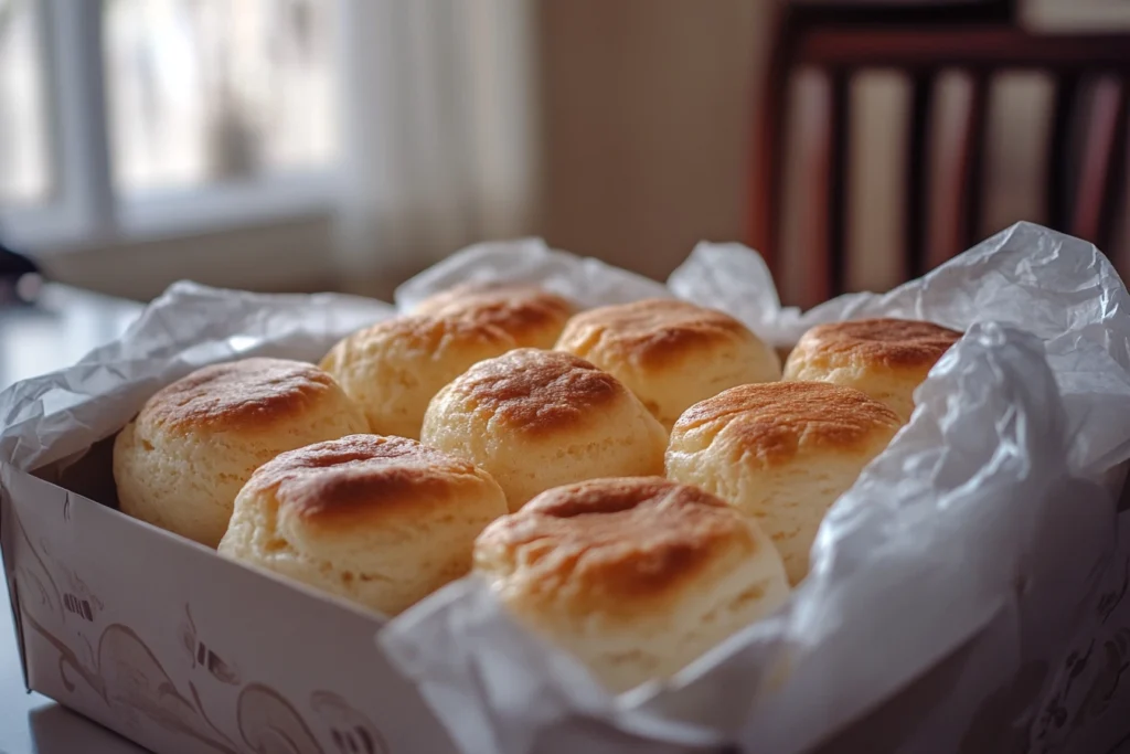 A box of freshly baked, golden-brown Cloud Cakes neatly arranged on parchment paper, placed on a well-lit table by a window.