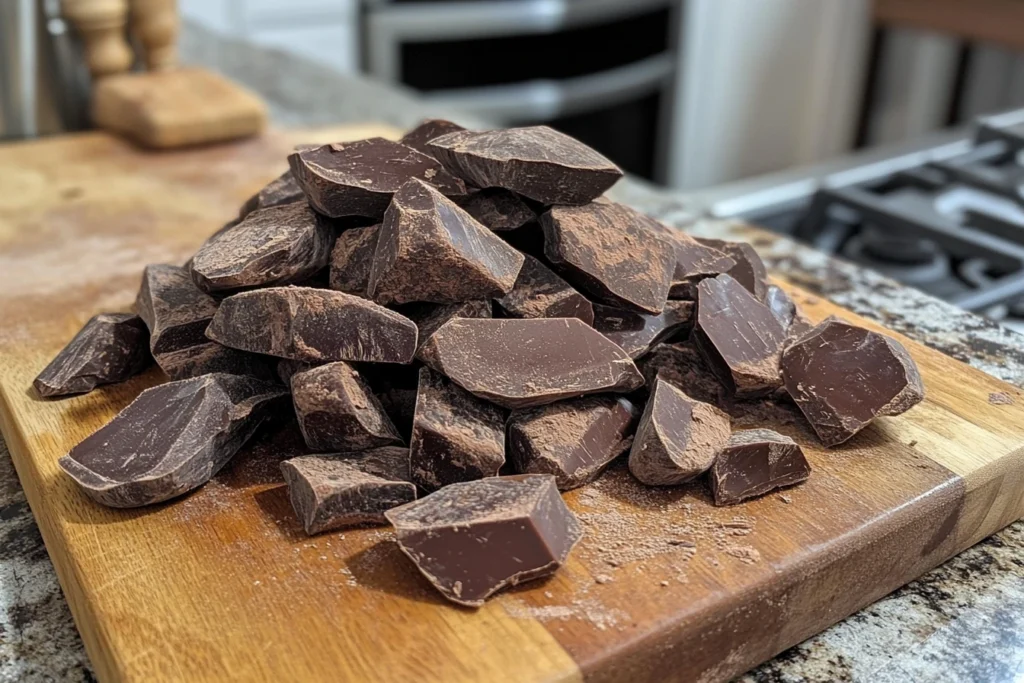 Chunks of dark chocolate piled on a wooden cutting board in a kitchen setting.