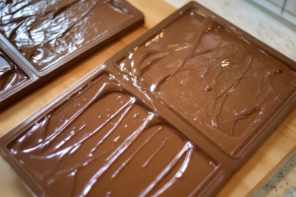 Freshly poured melted chocolate in molds, setting on a wooden surface.