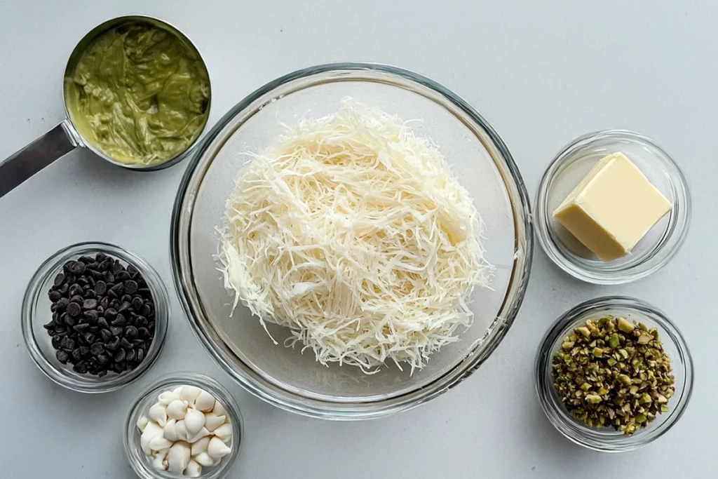 Ingredients for a dessert arranged on a table, including shredded phyllo dough, pistachio cream, butter, chopped pistachios, chocolate chips, and white chocolate chips.