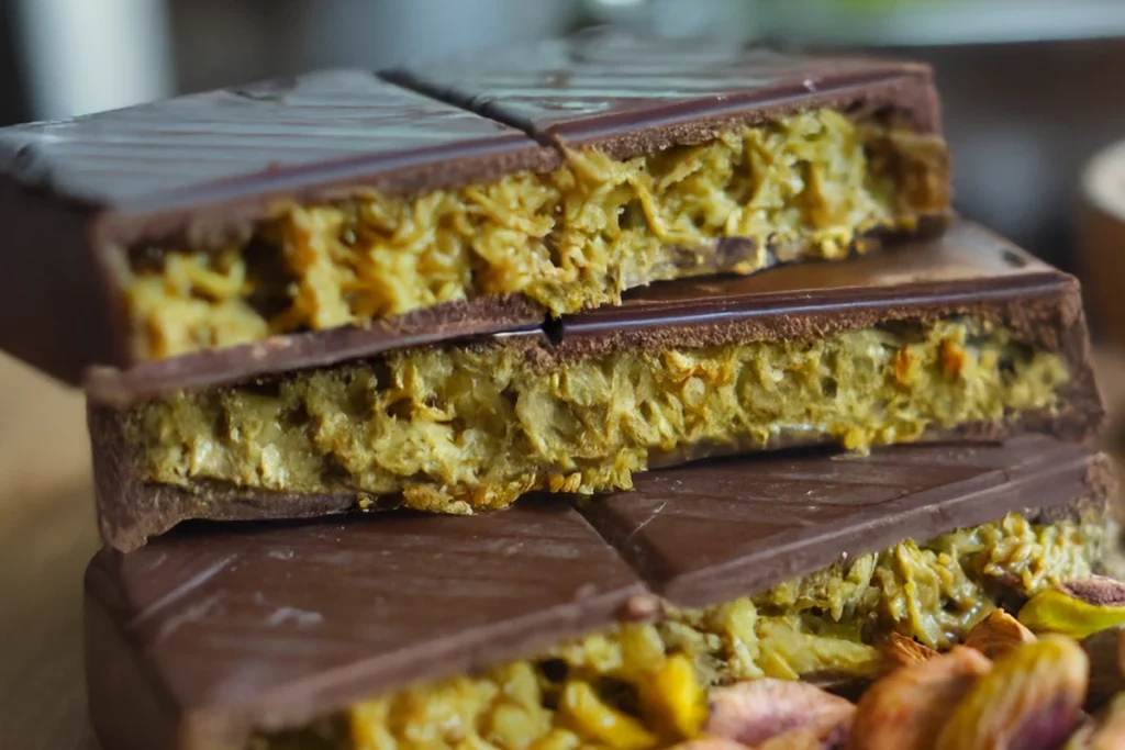 Close-up of chocolate bars with a crunchy pistachio and saffron-infused filling. What is Dubai chocolate bar made of