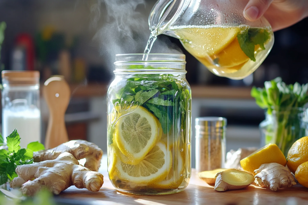 Pouring hot water into a jar filled with lemon slices, ginger, fresh mint, and lemon balm leaves for a detox drink.