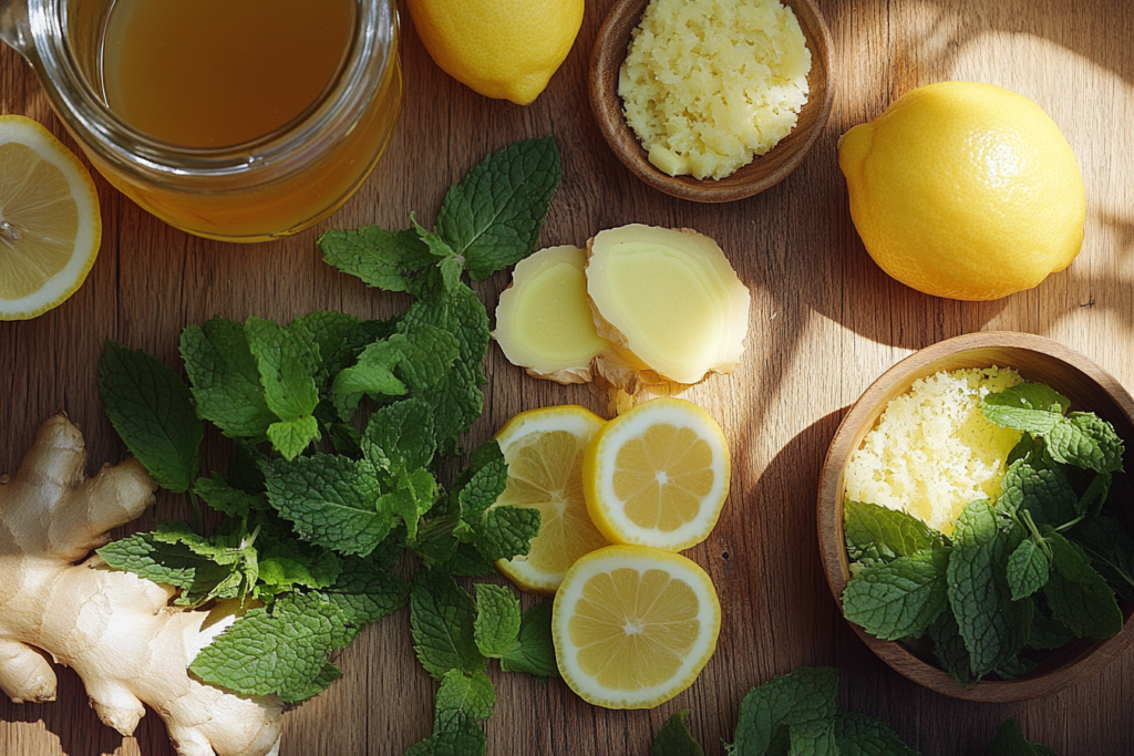 Fresh ingredients for lemon balm detox drink, including ginger slices, lemon slices, fresh mint, and grated ginger on a wooden countertop.