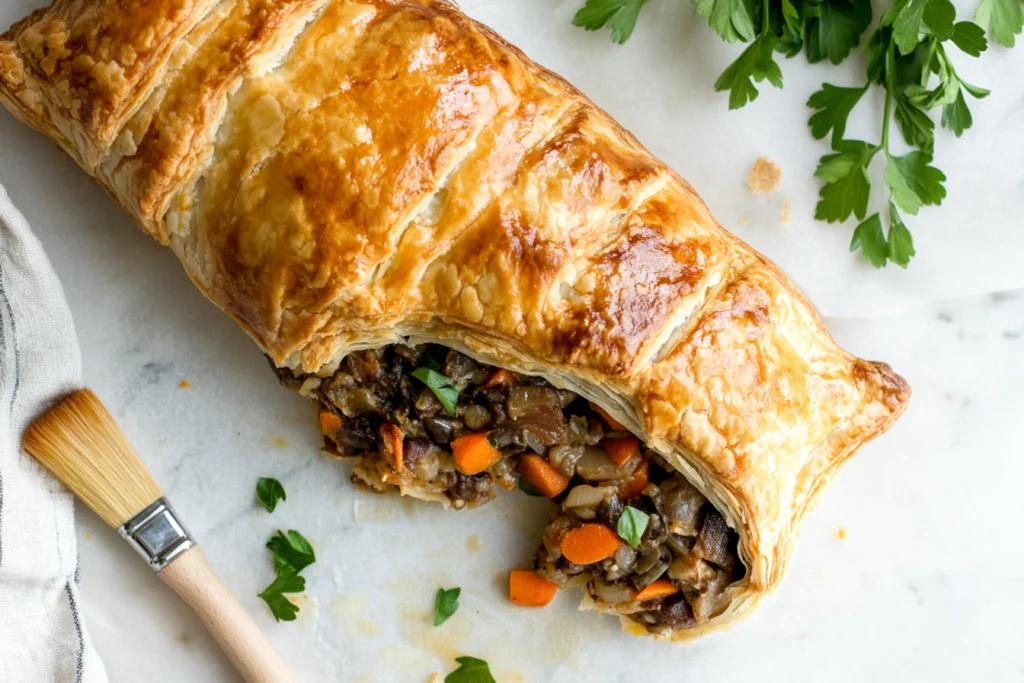 Golden brown puff pastry filled with a savory vegetable mixture of carrots, mushrooms, and herbs, with a pastry brush and fresh parsley garnish on the side.