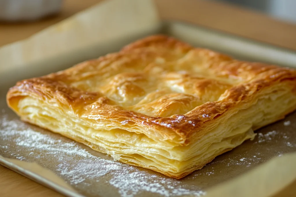 Golden, flaky square of puff pastry with crisp, visible layers resting on a parchment-lined baking tray, lightly dusted with flour.