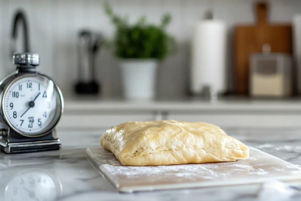 Square puff pastry dough resting on a floured board, with a clock showing time in the background and kitchen tools and decor on the countertop.