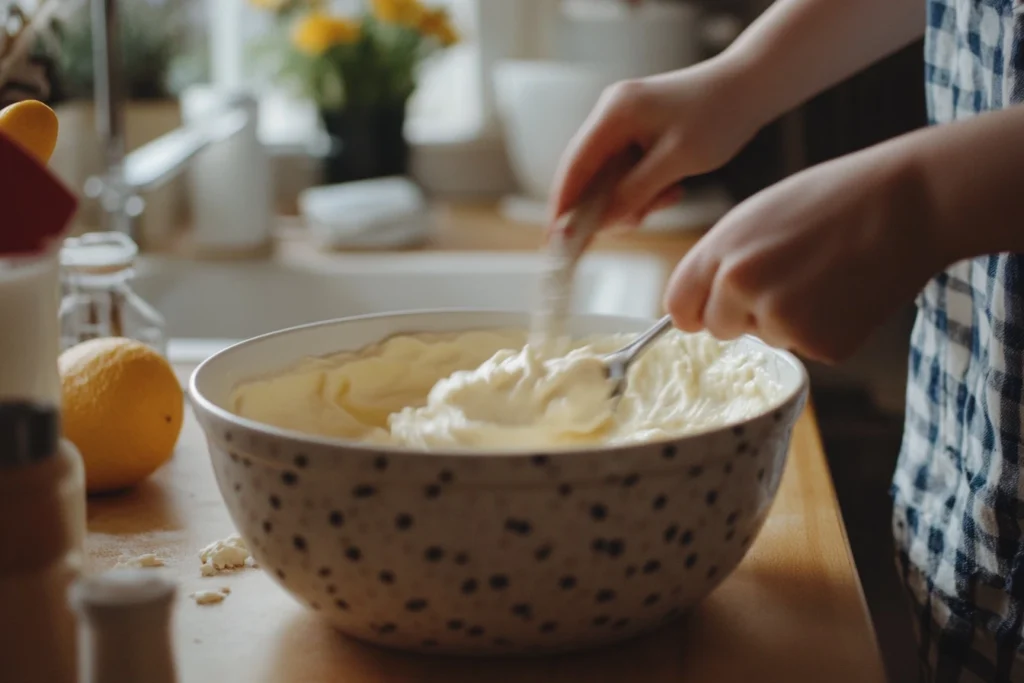 Hands mixing a creamy dessert in a large spotted bowl on a wooden kitchen counter, with lemons and kitchen tools in the background.