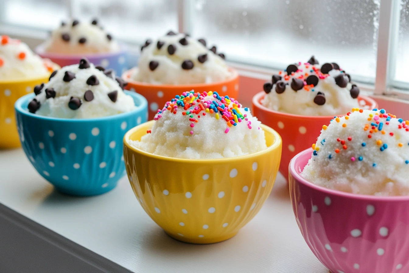 Colorful bowls filled with snow ice cream, topped with sprinkles and chocolate chips, placed on a windowsill with a snowy background.