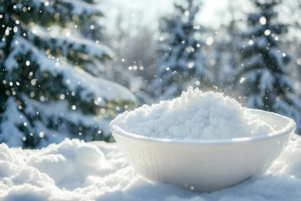 Freshly fallen snow in a bowl, with snowflakes falling around it in a wintery forest setting.