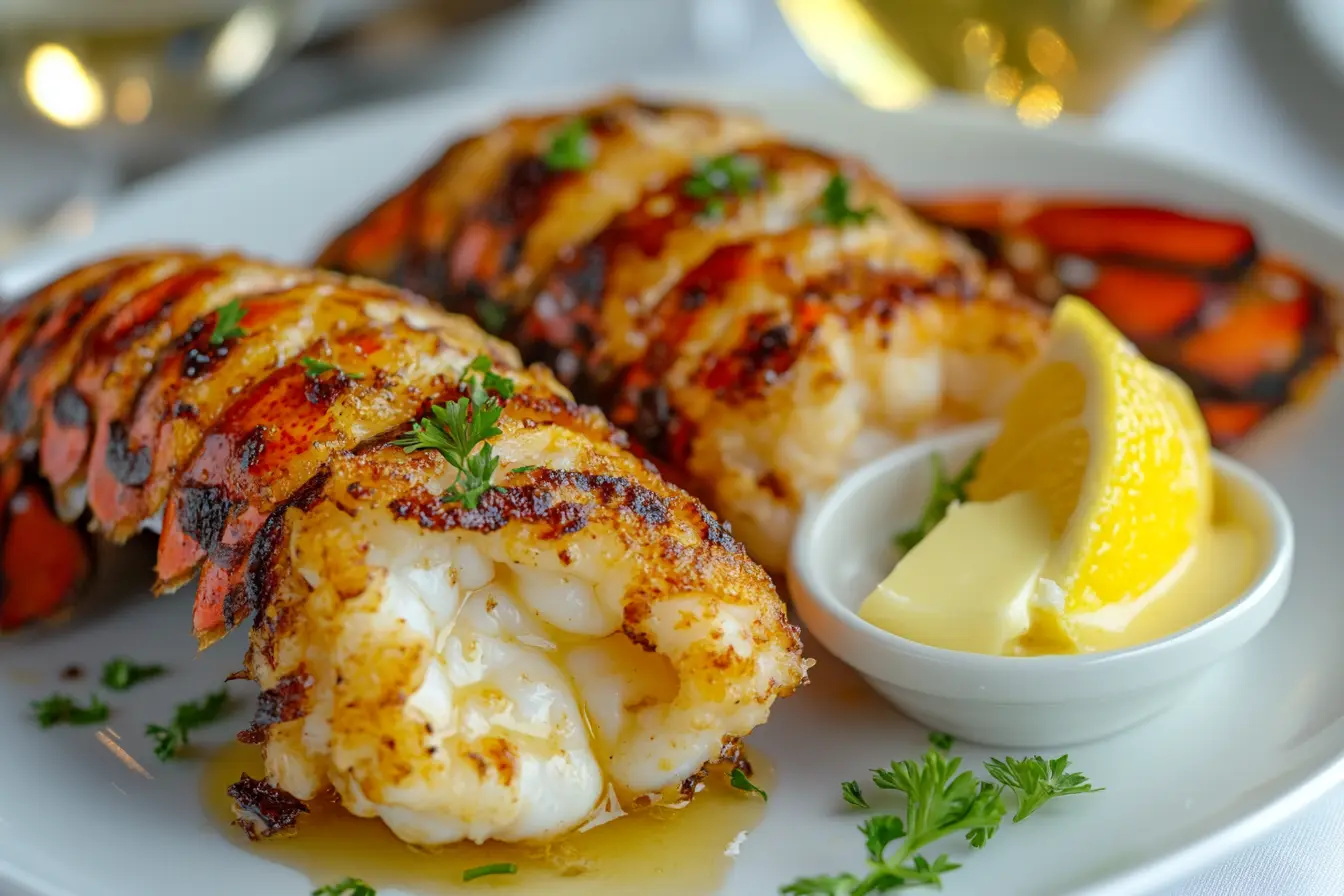 Golden-browned broiled lobster tails served on a white plate with melted butter, lemon wedges, and fresh parsley.