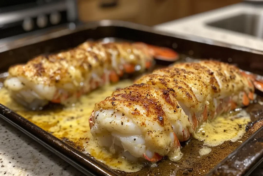 Golden-browned broiled lobster tails on a baking sheet, coated with garlic butter and seasoning.