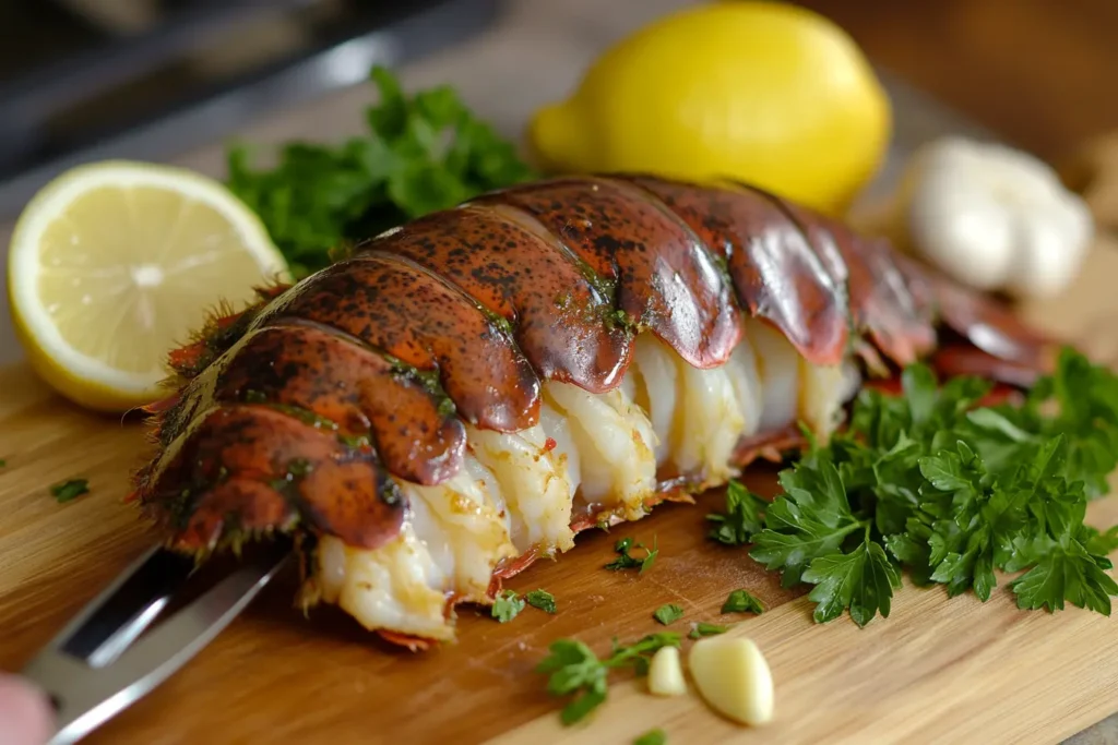 Butterflied lobster tail on a wooden cutting board, garnished with fresh parsley, garlic, and lemon.