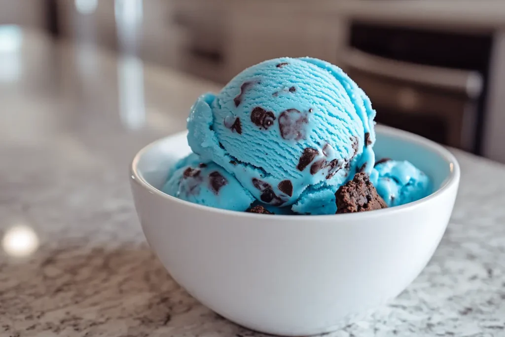 A white bowl filled with scoops of bright blue Cookie Monster Ice Cream, loaded with chocolate chunks, sitting on a marble countertop.