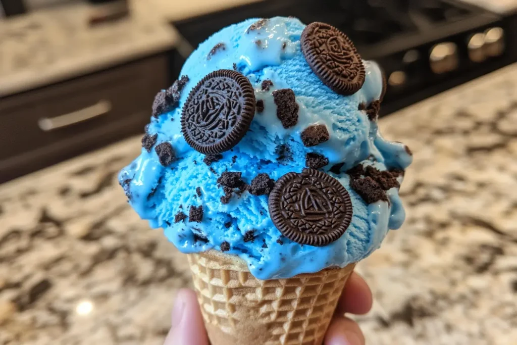 A delicious scoop of bright blue Cookie Monster Ice Cream in a waffle cone, topped with whole and crushed chocolate cookies, held in a hand with a blurred kitchen background.