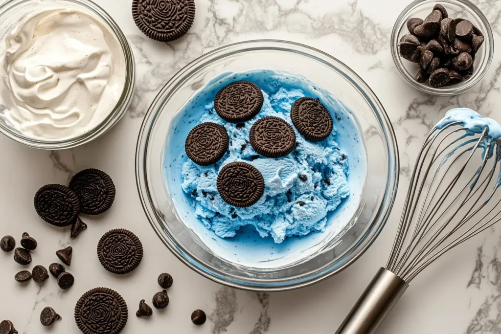 A glass bowl filled with bright blue Cookie Monster Ice Cream, topped with whole chocolate sandwich cookies, surrounded by whipped cream, chocolate chips, and a whisk on a marble countertop.