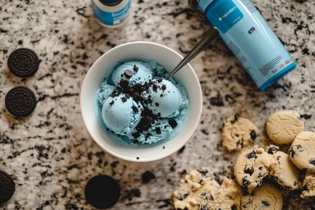 A bowl of vibrant blue Cookie Monster ice cream topped with crumbled Oreos and chocolate chips, surrounded by whole Oreos, chocolate chip cookies, and cookie dough on a speckled countertop.