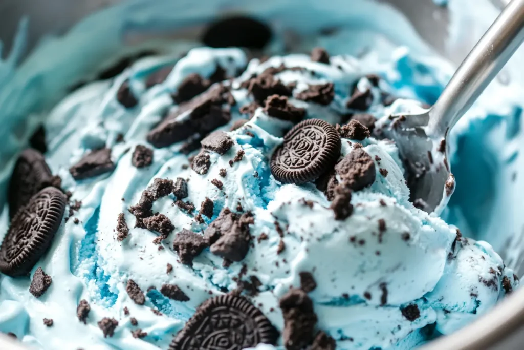 A close-up of creamy blue Cookie Monster ice cream mixed with crushed and whole Oreo cookies, with a metal ice cream scoop partially submerged.