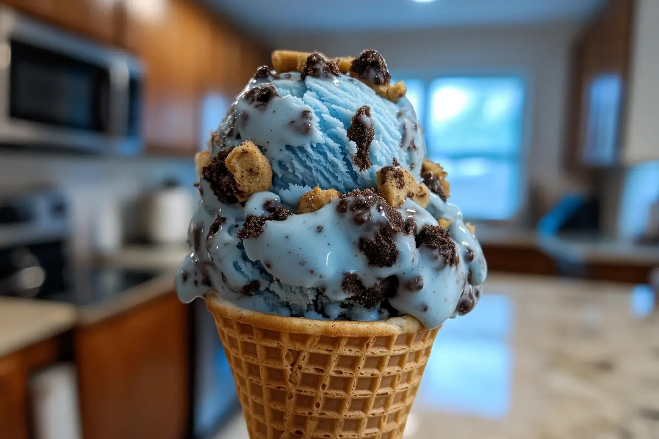 A waffle cone filled with vibrant blue Cookie Monster ice cream, topped with crushed Oreos and chocolate chip cookie pieces, set in a cozy kitchen background. Cookie Monster Ice Cream Flavor