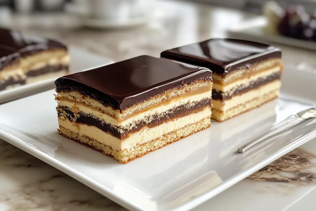 Two slices of luxurious opera cake on a white plate, showcasing delicate layers of almond sponge, coffee buttercream, and dark chocolate ganache with a glossy chocolate glaze.