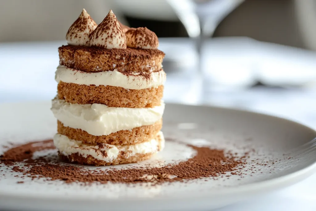 A beautifully plated gourmet tiramisu with three layers of coffee-soaked sponge and creamy mascarpone, topped with cocoa-dusted whipped peaks, served on a white plate with cocoa powder elegantly sprinkled around.