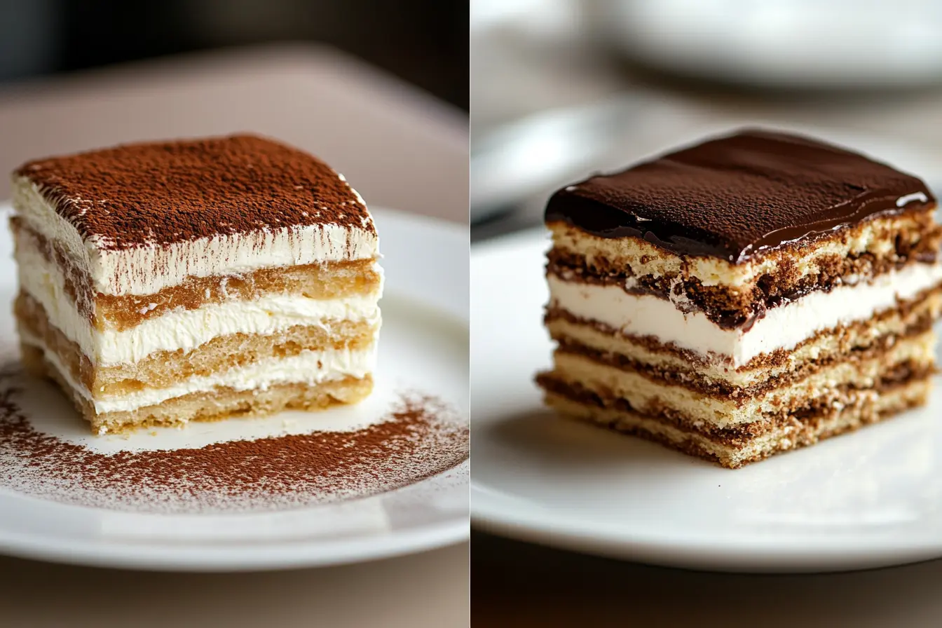 Side-by-side comparison of tiramisu and opera cake on white plates, showcasing their layered textures. Tiramisu has soft espresso-soaked ladyfingers and mascarpone, while opera cake features structured layers of almond sponge, coffee buttercream, and chocolate ganache. Difference between tiramisu and opera cake