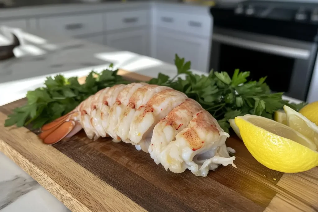 Freshly prepared raw lobster tail on a wooden cutting board, garnished with parsley and lemon wedges.How do you know when a lobster tail is done broiling