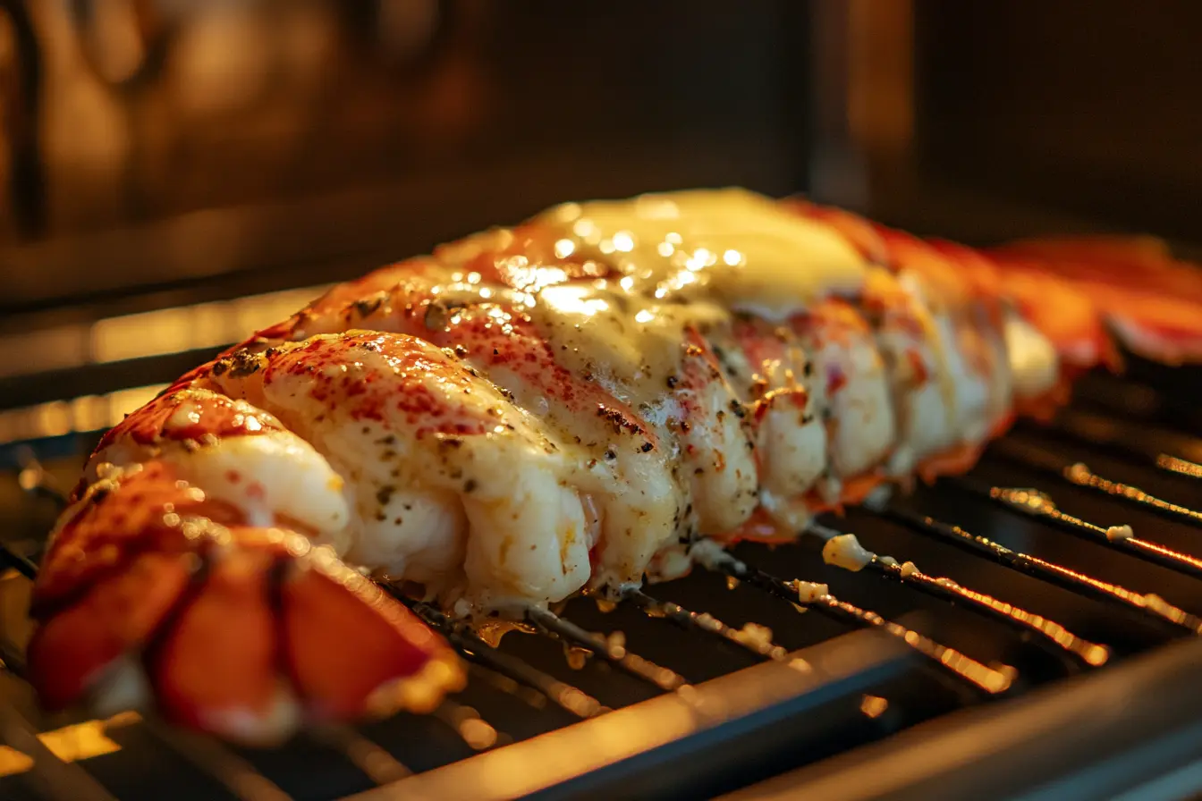 Broiled lobster tail in the oven, topped with melted butter and seasonings.