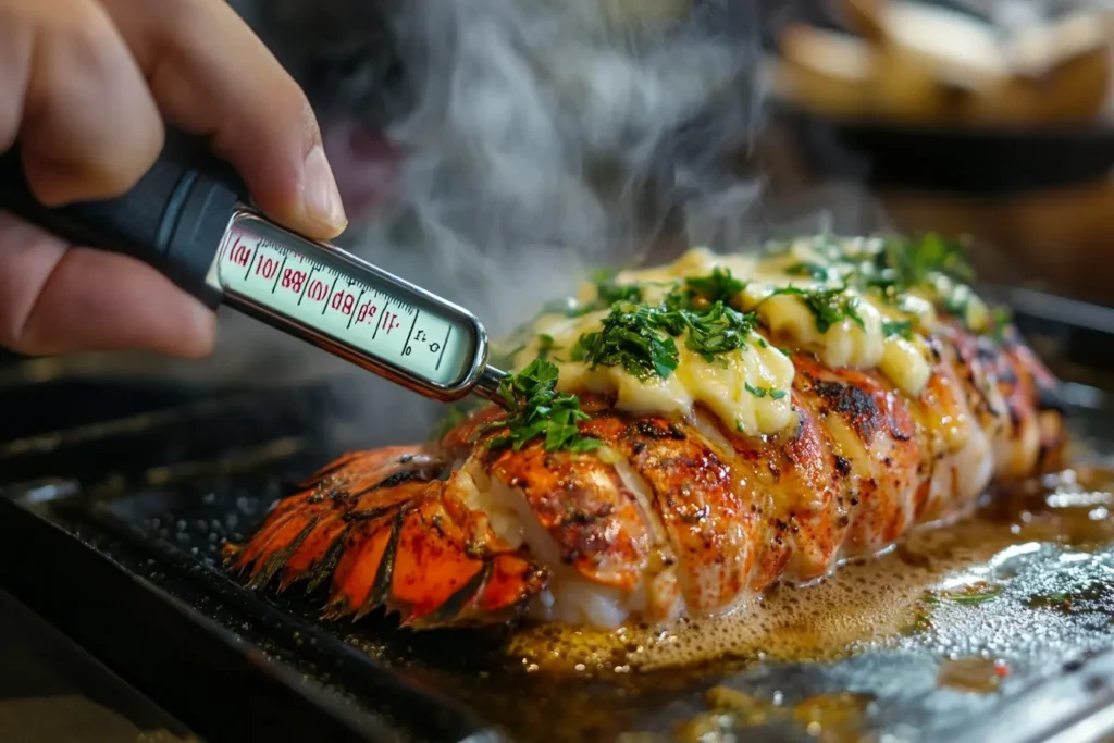 A perfectly broiled lobster tail being checked with a meat thermometer, topped with melted butter and fresh herbs.