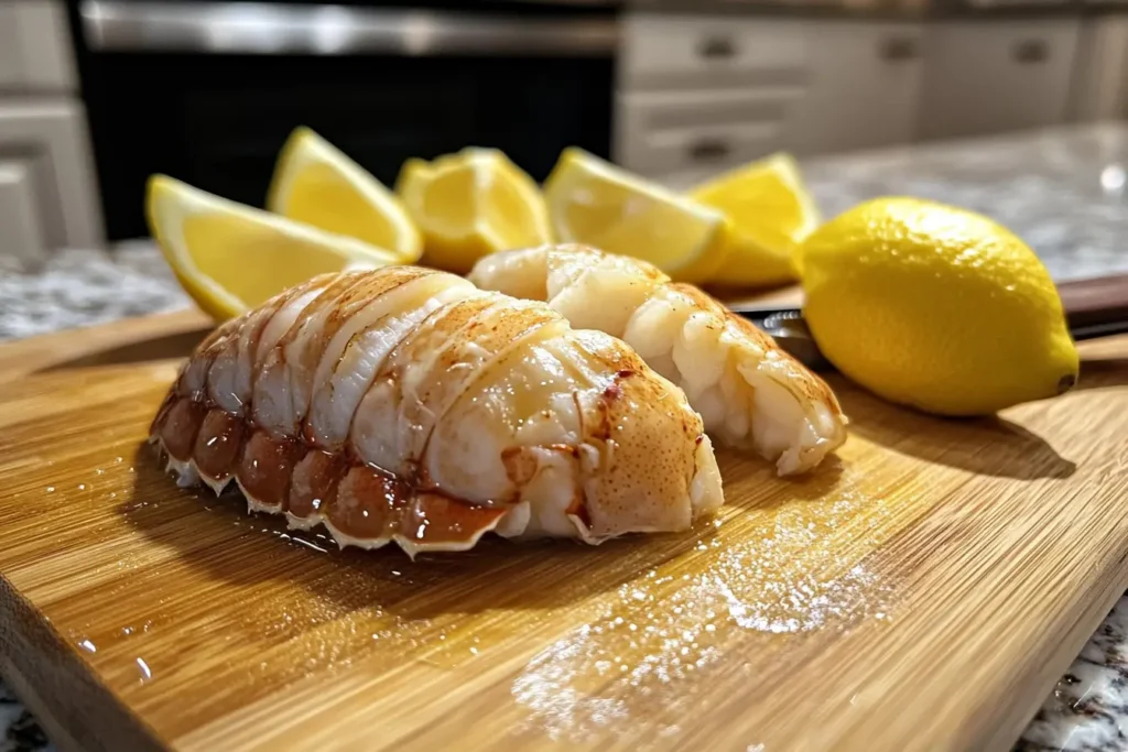 Raw butterflied lobster tails on a wooden cutting board with fresh lemon wedges in the background.