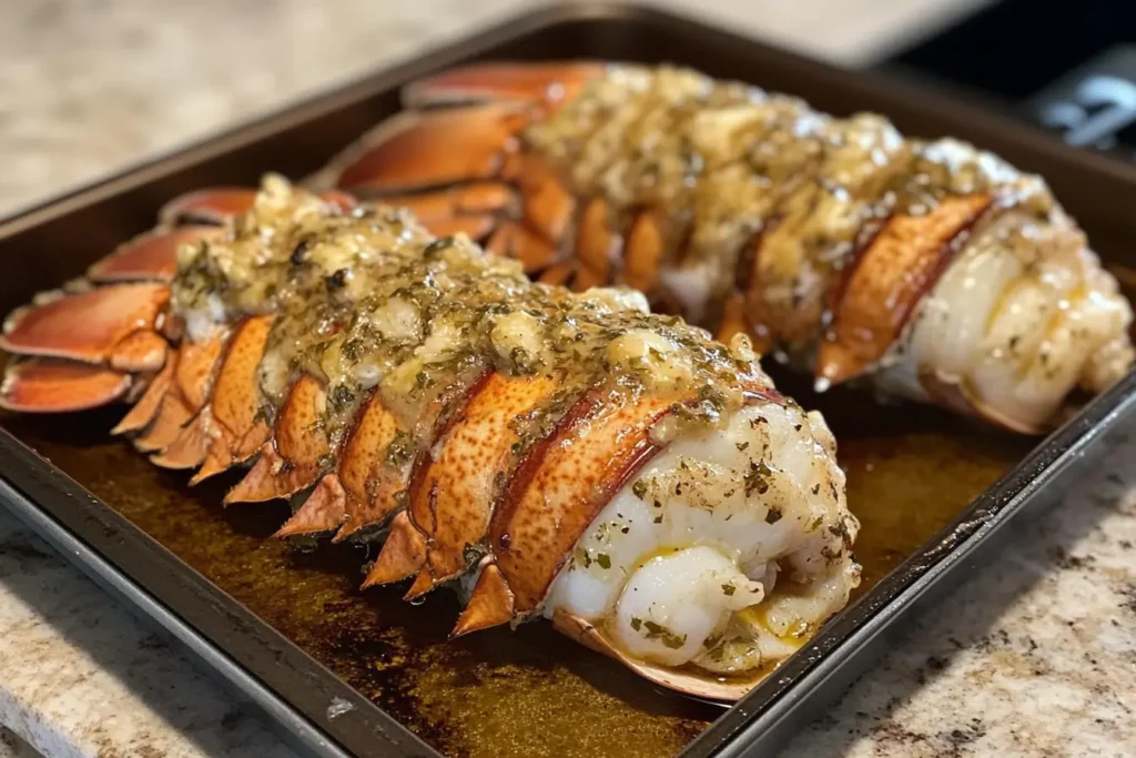 Two seasoned lobster tails on a baking sheet, covered in a garlic butter herb sauce, ready for broiling. broil an 8 oz lobster tail