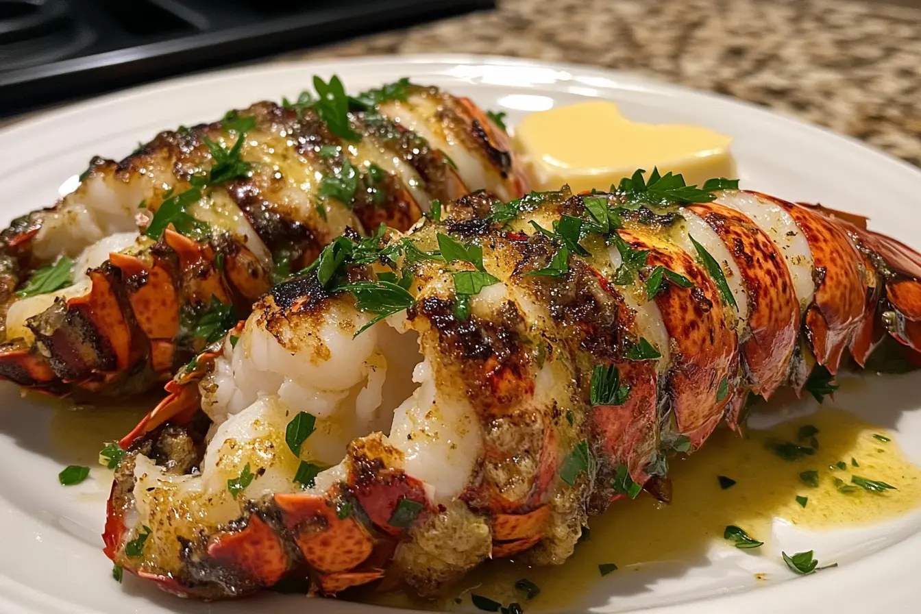 Two broiled lobster tails garnished with fresh parsley, drizzled with garlic butter sauce, and served with a side of melted butter on a white plate.