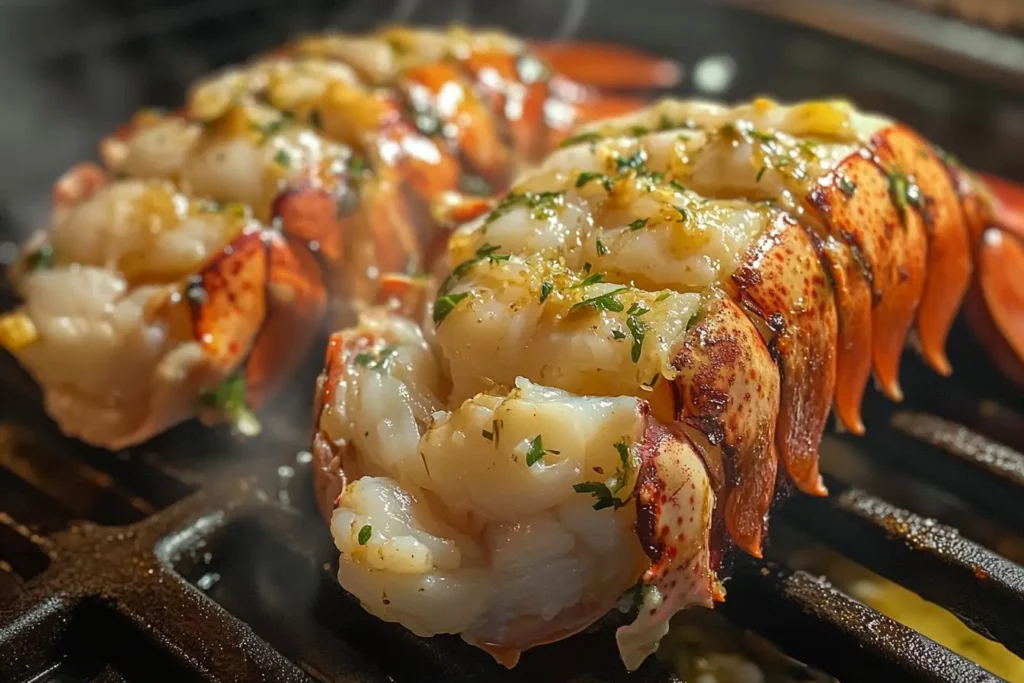 Grilled lobster tails topped with melted garlic butter and fresh herbs, sizzling on a hot grill.